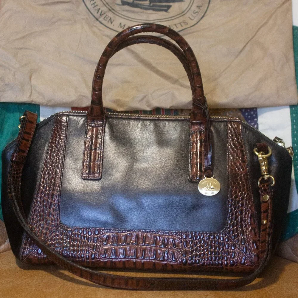 Brahmin Black and Croc Embossed Satchel Shoulder Bag Preowned